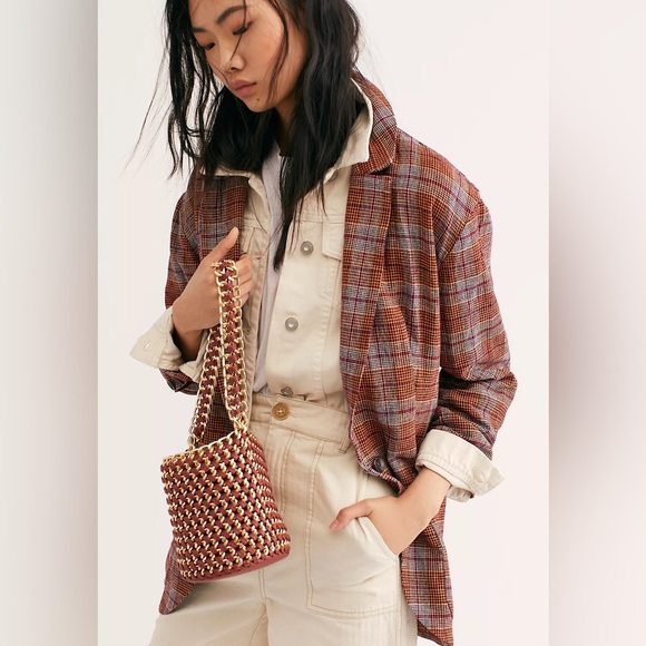 Free People Linen Blend Slouchy Simply Plaid Blazer Size Medium - Picture 2 of 8